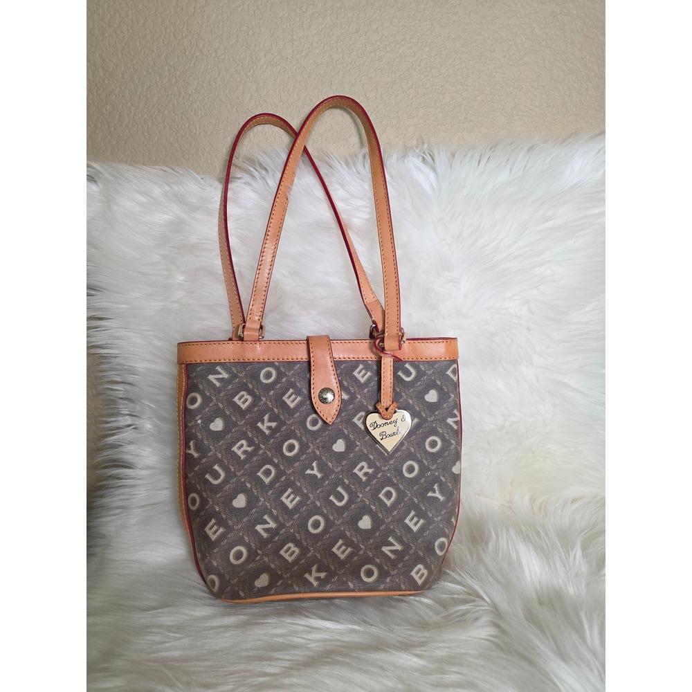 Dooney & Bourke Crossword "IT" Tote Bag Brown Coated Canvas Leather Trim Med